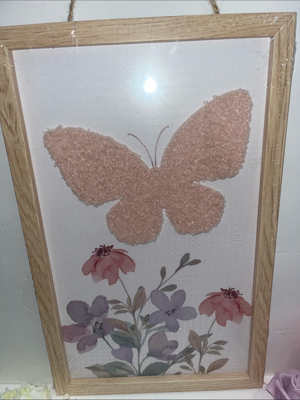 Nwt Fuzzy soft pink Butterfly Floral Wall Art - Home Decor cottage chic -